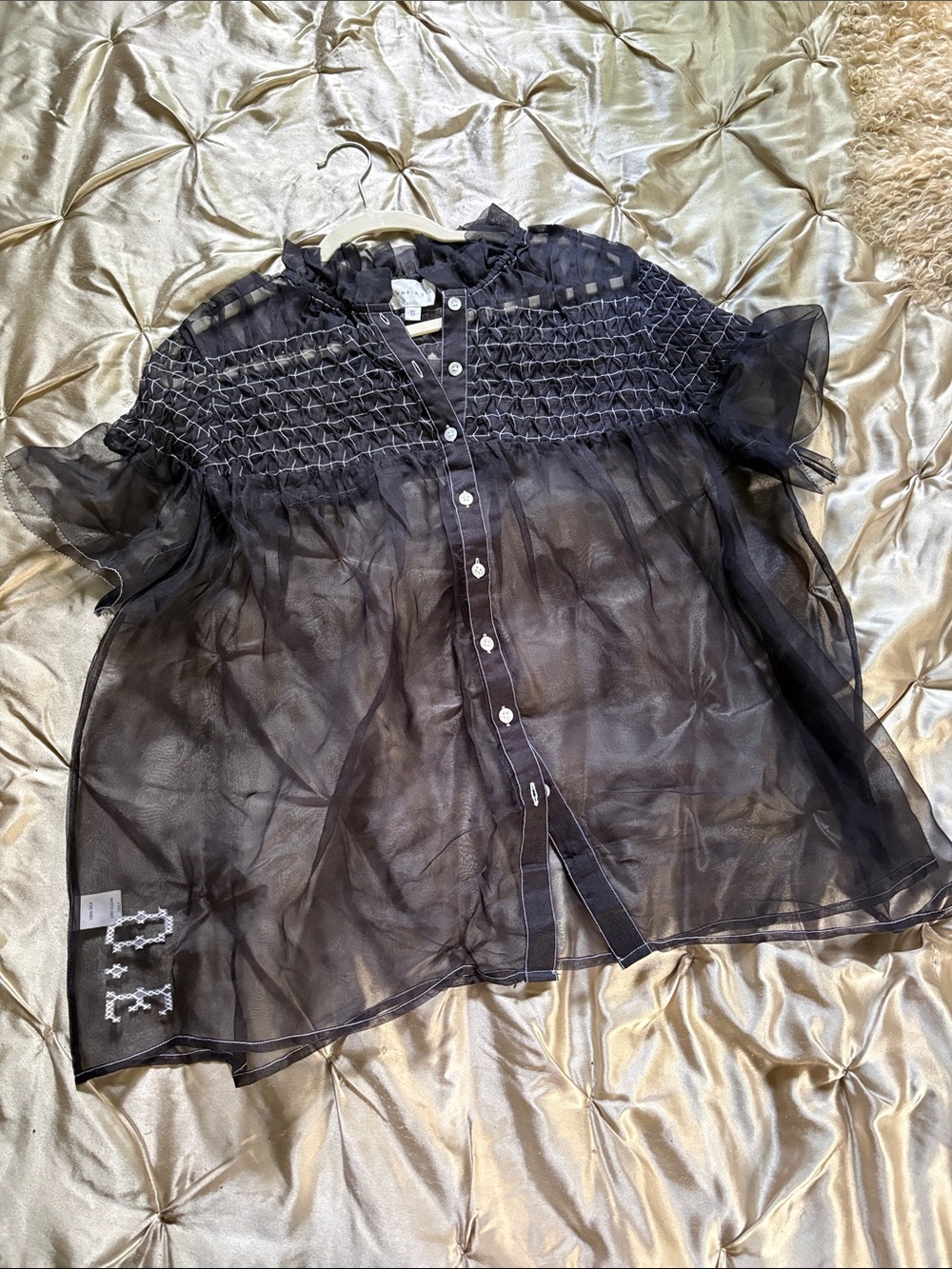 100% SILK Sheer Smocked Short-Sleeve Blouse in Black